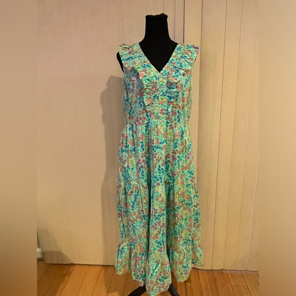 J. Crew Factory Mint Floral Midi Dress with Pink & Aqua Print